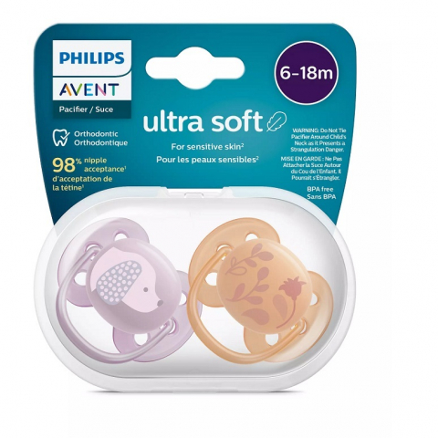 Suzete Ultra Soft Philips Avent, 6-18 luni, 2 bucati, Roz/Portocaliu cu Desen, SCF091/18, Philips [1]