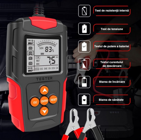 Tester diagnoza baterie auto, SDLOGAL, 12V/24V, Afisaj digital, Compatibil cu motociclete, autoturisme, camioane, utilitare, Negru/Rosu [1]