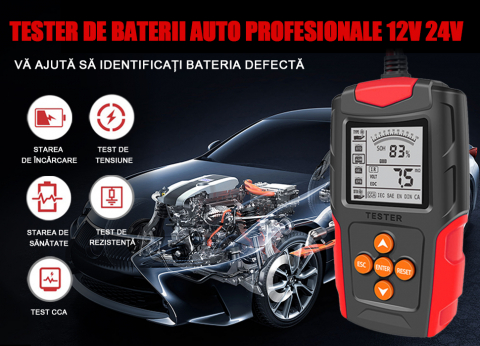 Tester diagnoza baterie auto, SDLOGAL, 12V/24V, Afisaj digital, Compatibil cu motociclete, autoturisme, camioane, utilitare, Negru/Rosu [6]