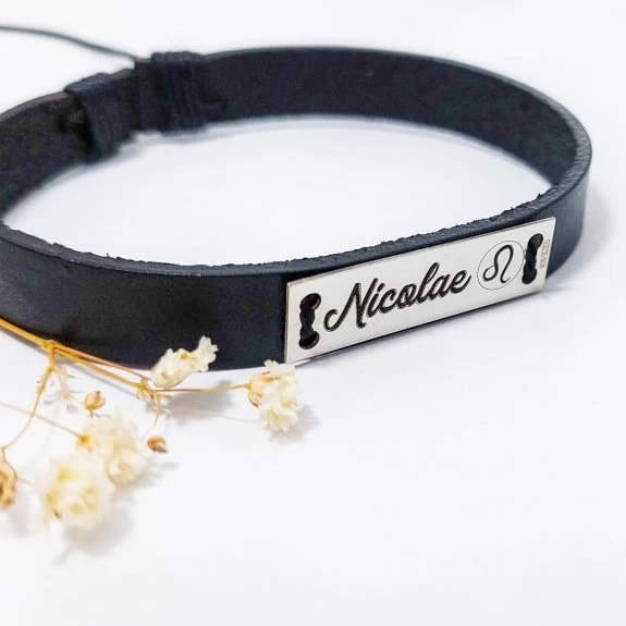 Brățara Signore din piele cu tăbliță din argint personalizată cu nume și zodie [3]