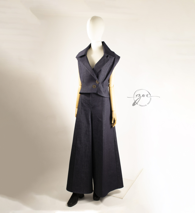 Set Denim Sculptural — Vestă cu guler amplu & Fustă-Pantaloni evazați [7]