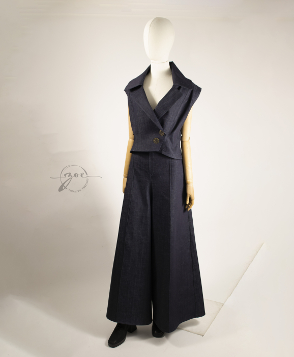 Set Denim Sculptural — Vestă cu guler amplu & Fustă-Pantaloni evazați [3]