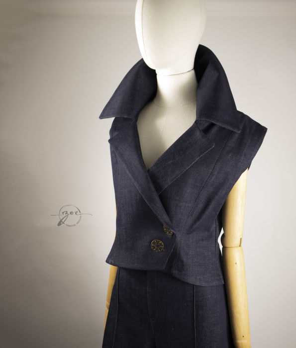 Set Denim Sculptural — Vestă cu guler amplu & Fustă-Pantaloni evazați [6]