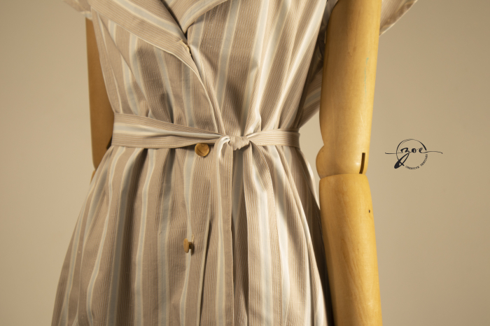 Rochie Blazer Maxi cu Dungi din Poplin de Bumbac Cappuccino – Rochia Natural Zoe [2]