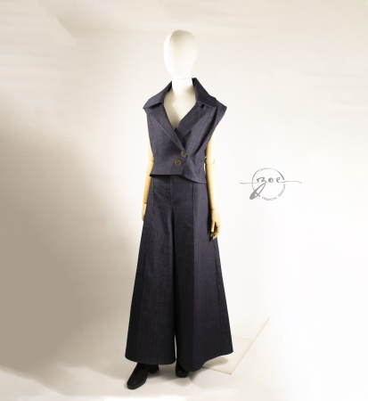 Set Denim Sculptural — Vestă cu guler amplu & Fustă-Pantaloni evazați [6]