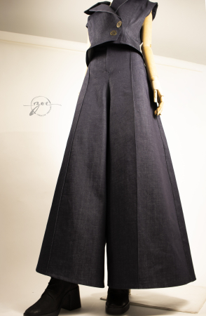 Set Denim Sculptural — Vestă cu guler amplu & Fustă-Pantaloni evazați [1]