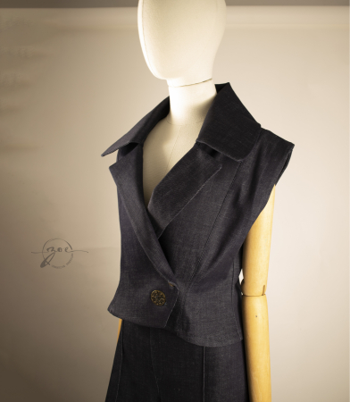 Set Denim Sculptural — Vestă cu guler amplu & Fustă-Pantaloni evazați [4]