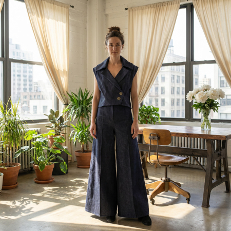 Camasi - Set Denim Sculptural — Vestă cu guler amplu & Fustă-Pantaloni evazați