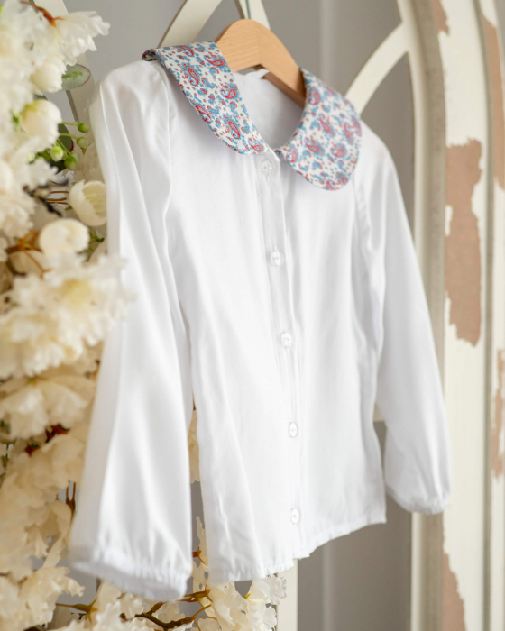 Bluza alba din vascoza cu guleras cu imprimeu cu lacrimi albastru cu rosu [2]