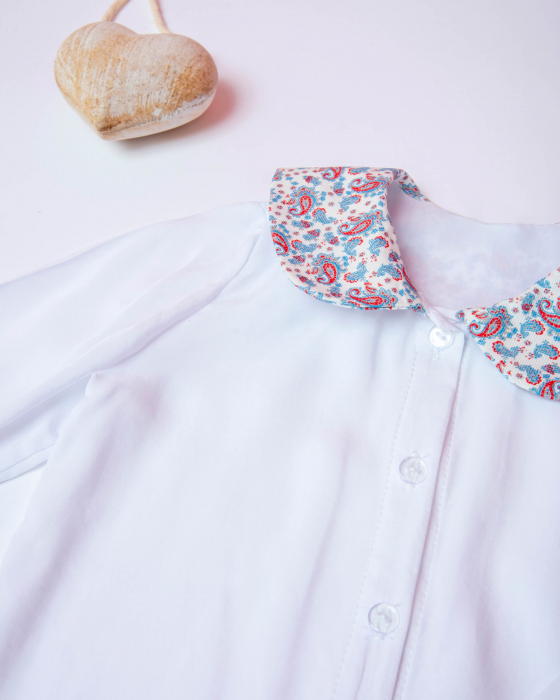 Bluza alba din vascoza cu guleras cu imprimeu cu lacrimi albastru cu rosu [5]
