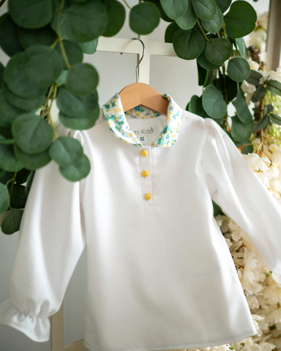 Bluza din in cu maneca lunga bufanta si guler cu imprimeu floral albastru [2]