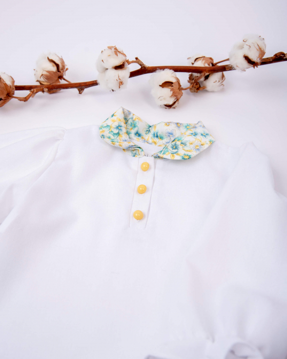 Bluza din in cu maneca lunga bufanta si guler cu imprimeu floral albastru [4]