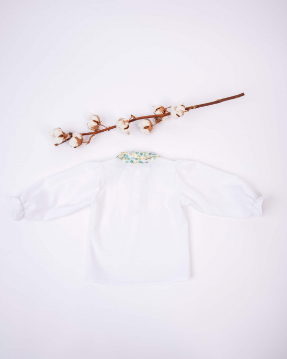 Bluza din in cu maneca lunga bufanta si guler cu imprimeu floral albastru [5]