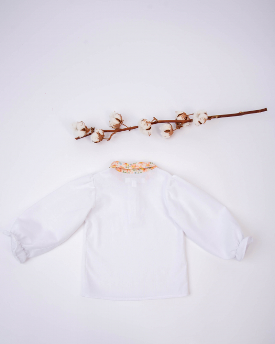 Bluza din in cu maneca lunga bufanta si guler cu imprimeu floral portocaliu [5]