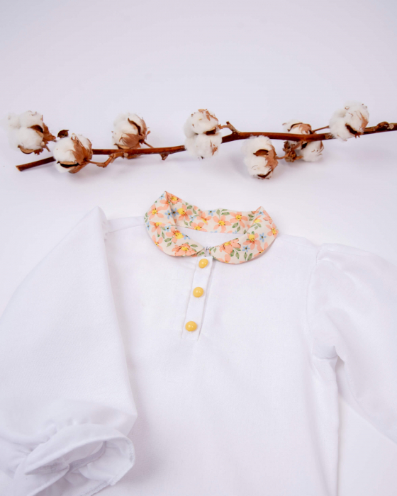 Bluza din in cu maneca lunga bufanta si guler cu imprimeu floral portocaliu [4]