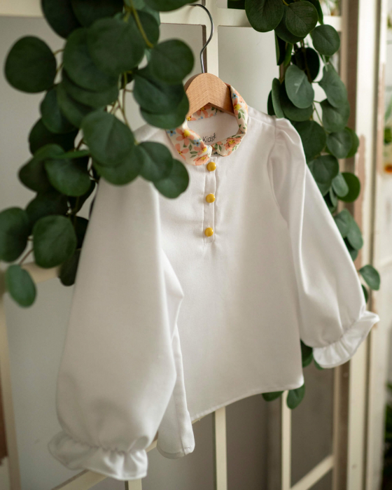 Bluza din in cu maneca lunga bufanta si guler cu imprimeu floral portocaliu [2]
