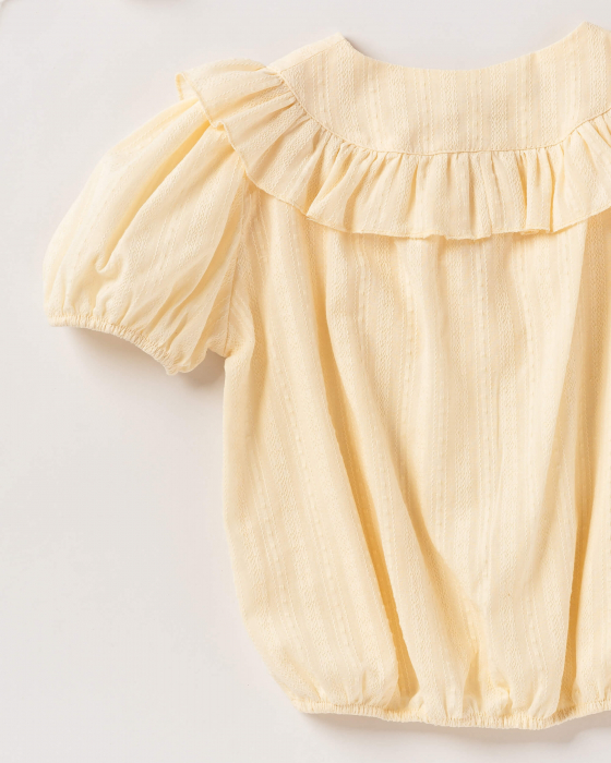 Bluza ivory, din bumbac, cu volanas si maneci scurte bufante [3]