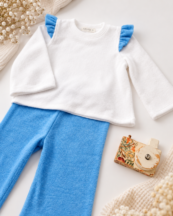 Compleu cu pantaloni evazati baby blue si bluza cu volanase [2]