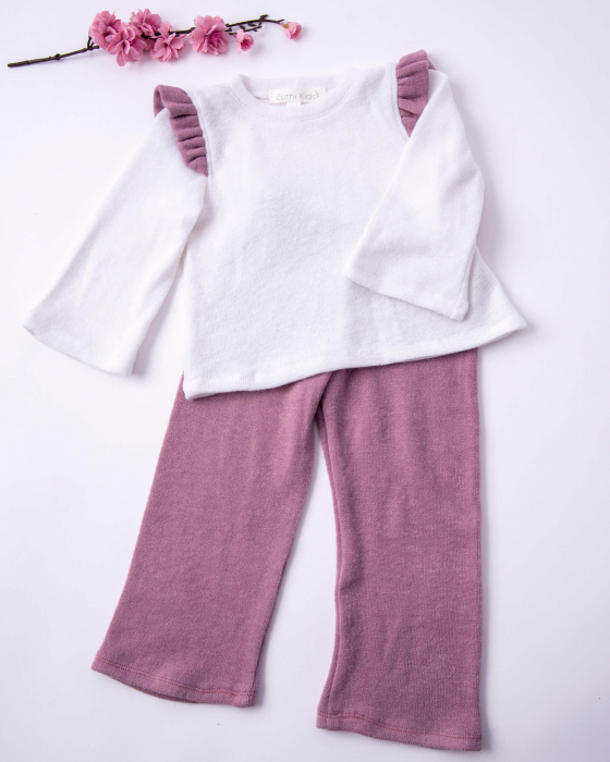 Compleu cu pantaloni evazati lila si bluza cu volanase [3]