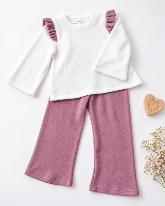 Compleu cu pantaloni evazati lila si bluza cu volanase [2]