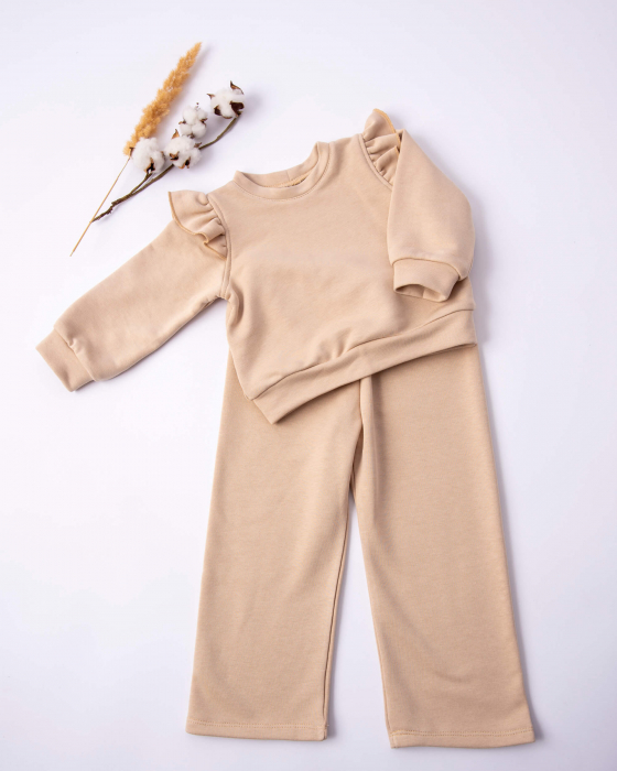 Compleu din bumbac cu pantaloni evazati si bluza cu volanase [3]