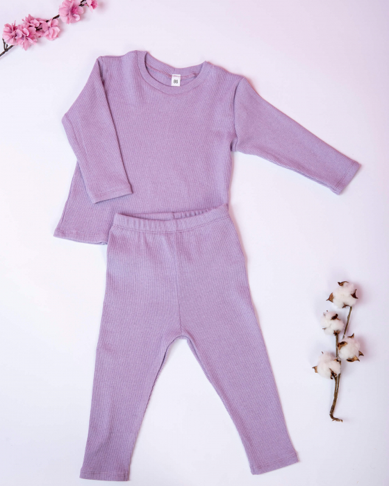 Compleu din jersey reiat mov lila cu colanti si bluza cu maneca lunga [4]