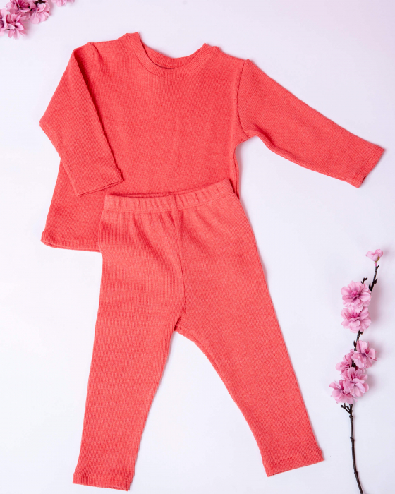 Compleu din jersey reiat roz corai cu colanti si bluza cu maneca lunga [4]