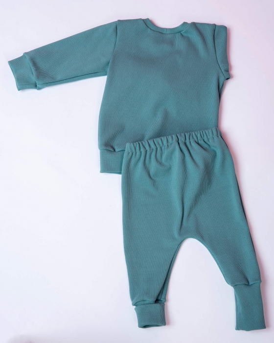 Compleu din jersey reiat verde turcuaz inchis cu pantaloni si bluza cu maneca lunga [5]