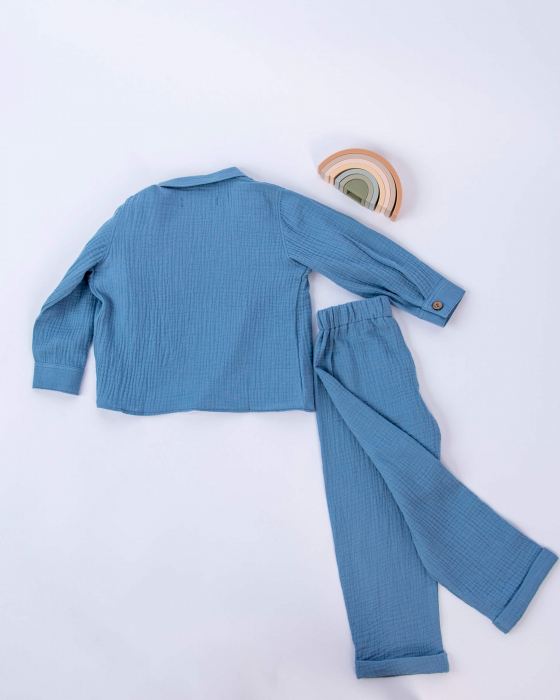 Compleu din muselina albastru indigo cu camasa, pantaloni si tricou din bumbac [6]