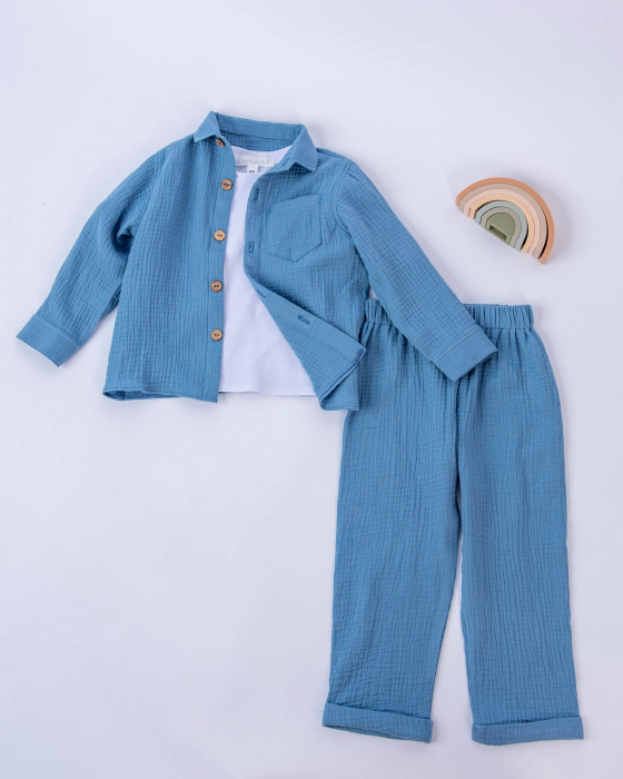 Compleu din muselina albastru indigo cu camasa, pantaloni si tricou din bumbac [4]