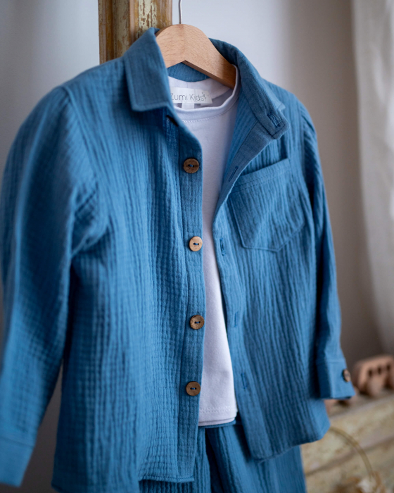 Compleu din muselina albastru indigo cu camasa, pantaloni si tricou din bumbac [2]
