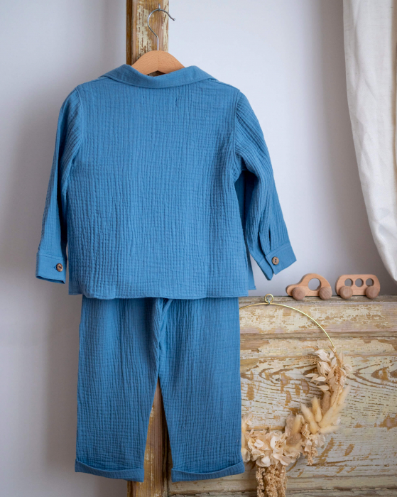 Compleu din muselina albastru indigo cu camasa, pantaloni si tricou din bumbac [3]