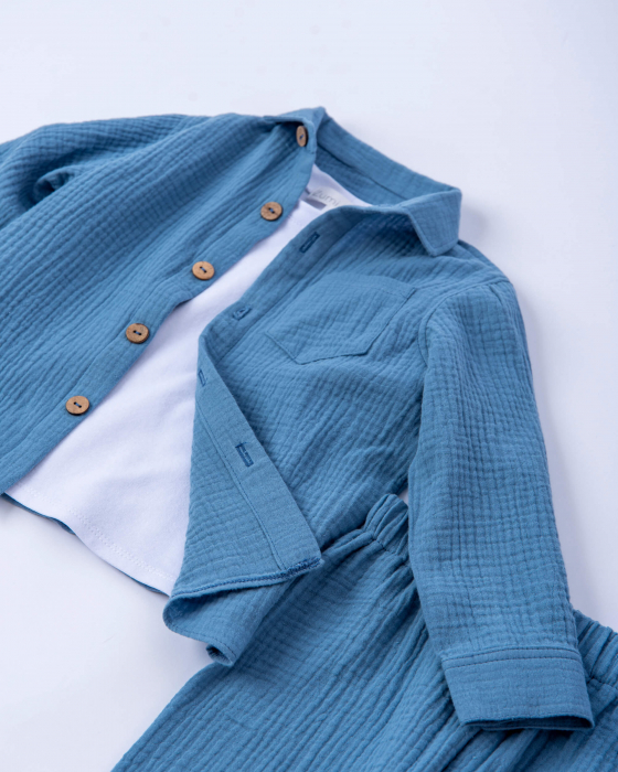Compleu din muselina albastru indigo cu camasa, pantaloni si tricou din bumbac [5]