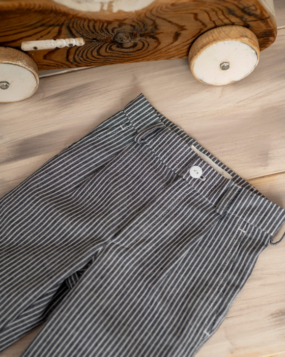 Pantaloni din in subtire indigo cu dungi albe [2]