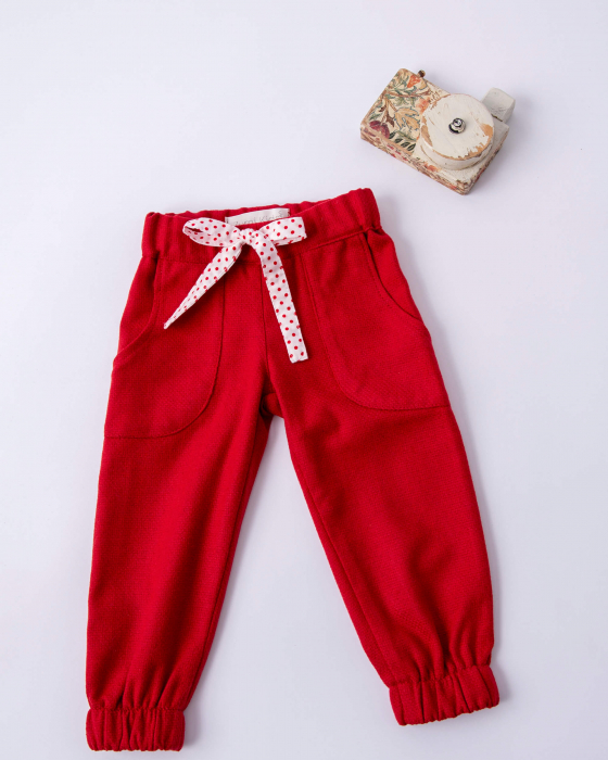 Pantaloni din stofa de lana texturata cu cordon cu buline [3]