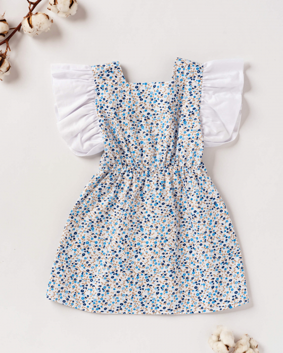 Rochie de vara cu imprimeu floral albastru si fundita [3]