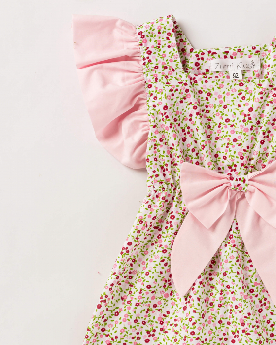 Rochie de vara, cu imprimeu floral roz si fundita [2]