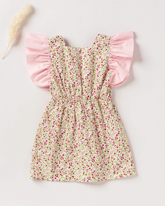 Rochie de vara, cu imprimeu floral roz si fundita [3]