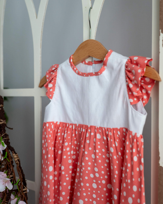 Rochie din bumbac alb, cu vascoza cu imprimeu roz corai cu buline albe [3]