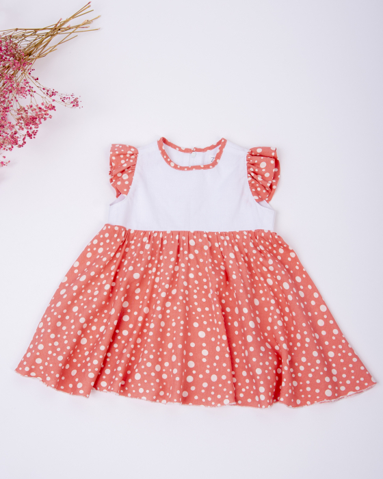 Rochie din bumbac alb, cu vascoza cu imprimeu roz corai cu buline albe [5]