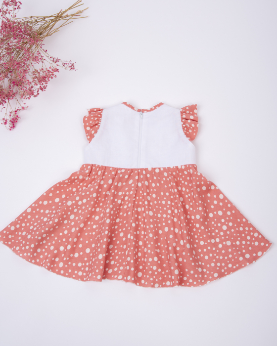 Rochie din bumbac alb, cu vascoza cu imprimeu roz corai cu buline albe [6]