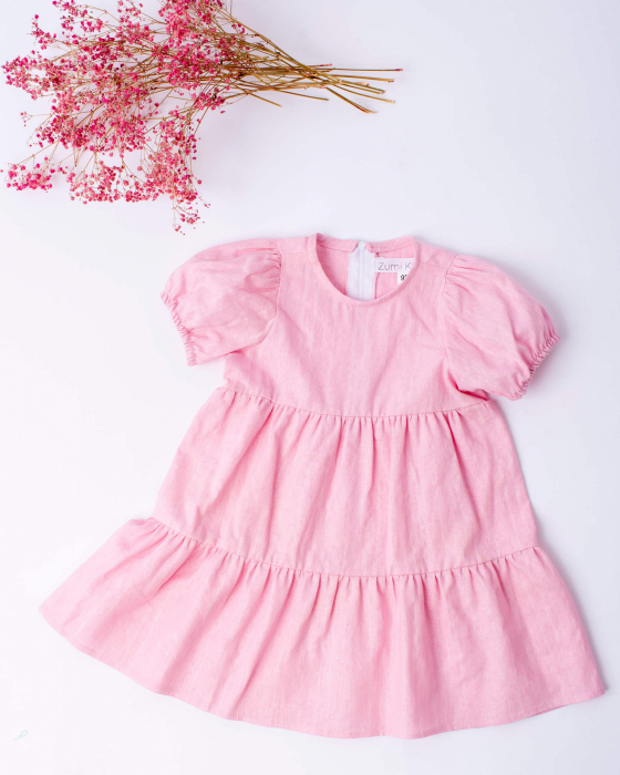 Rochie din in roz, cu maneca scurta bufanta [2]