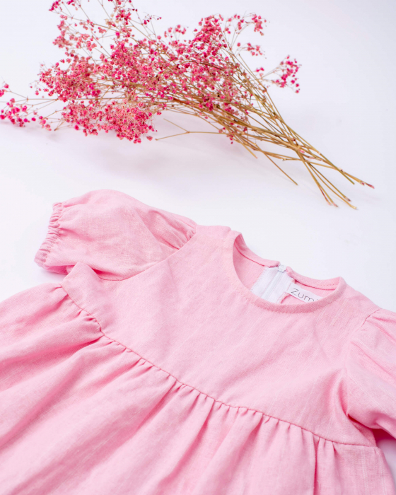 Rochie din in roz, cu maneca scurta bufanta [3]