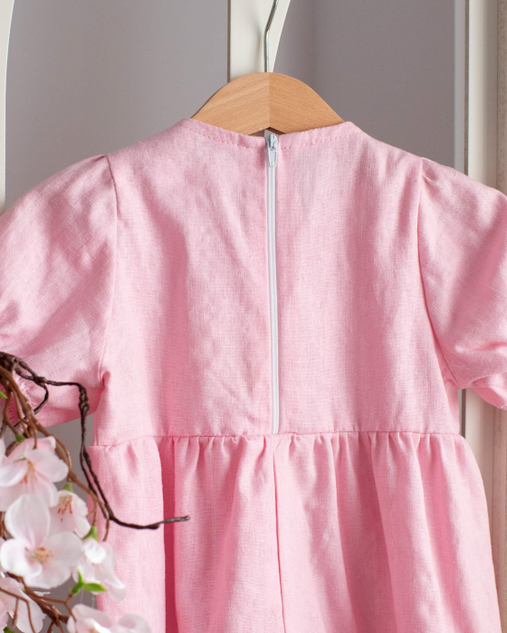 Rochie din in roz, cu maneca scurta bufanta [6]