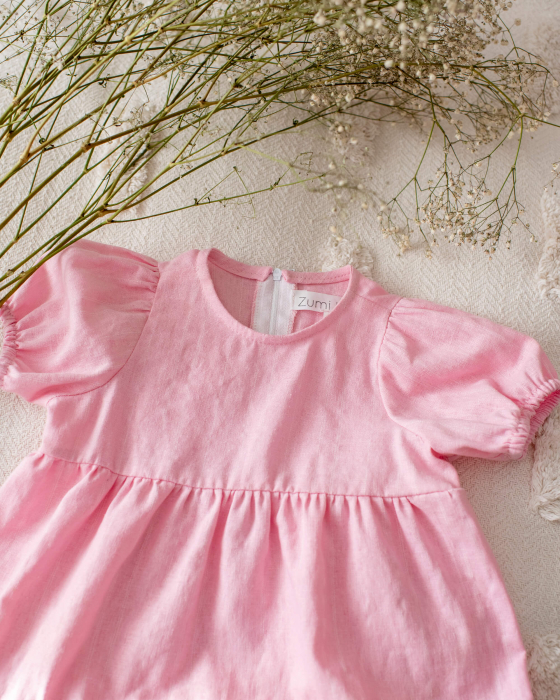 Rochie din in roz, cu maneca scurta bufanta [5]