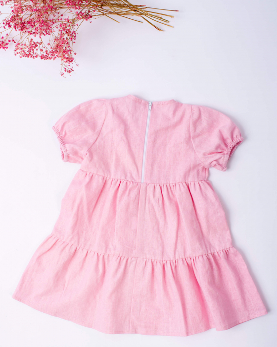 Rochie din in roz, cu maneca scurta bufanta [4]