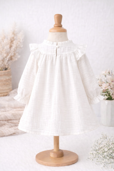 Rochie din muselină albă cu fundiță roz [2]