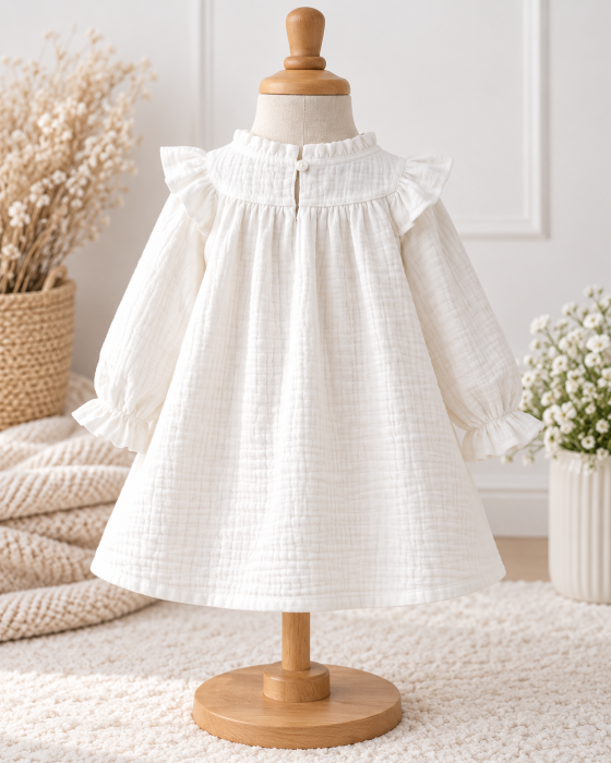 Rochie din muselină albă cu fundiță roz [3]