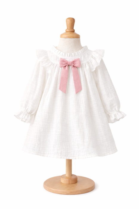 Rochie din muselină albă cu fundiță roz [3]