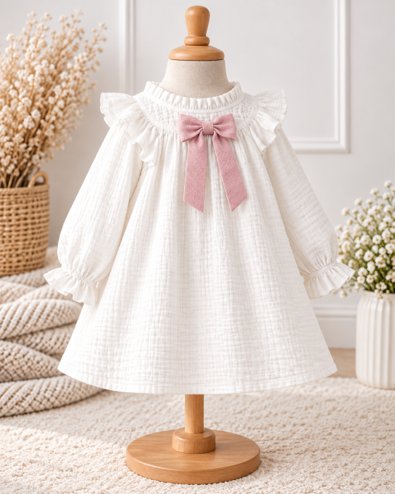 Rochie din muselină albă cu fundiță roz [2]
